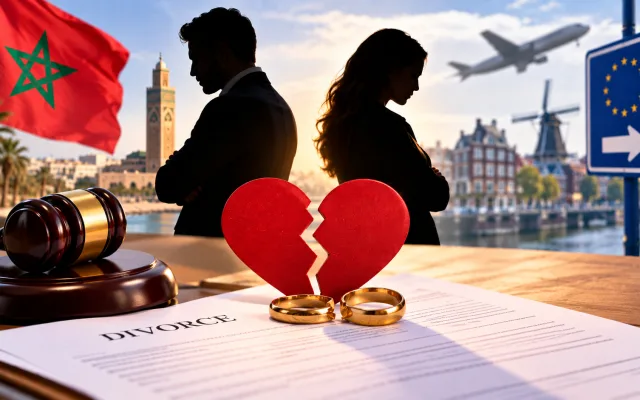 Illustration du divorce entre le Maroc et l’Europe : couple séparé, alliances et marteau de justice
