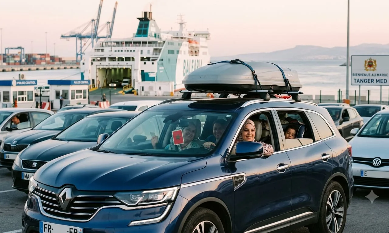 Illustration d’une famille en voiture au port de Tanger Med