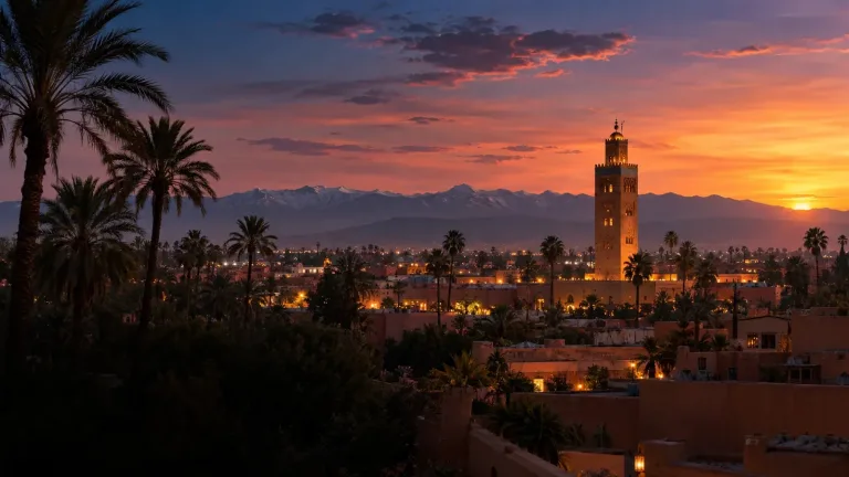 Les toits de Marrakech et la Koutoubia au coucher du soleil