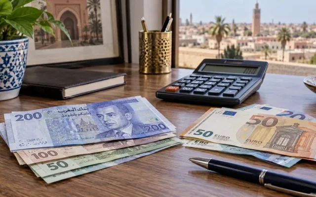 Billets en dirhams marocains et en euros sur un bureau
