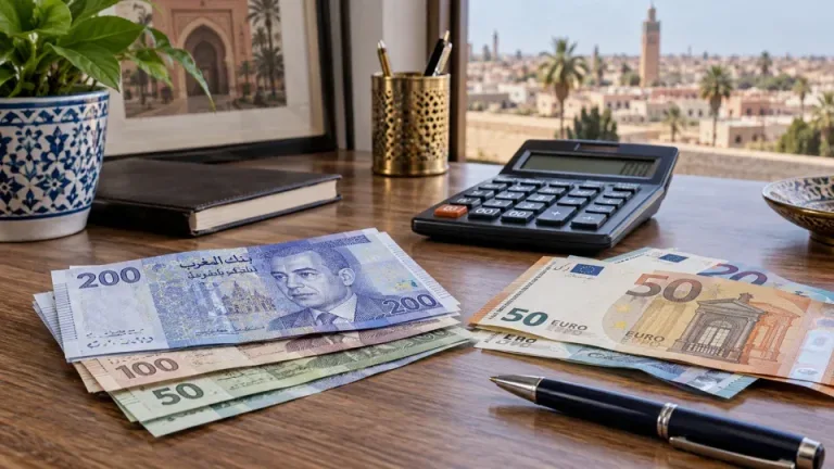 Billets en dirhams marocains et en euros sur un bureau