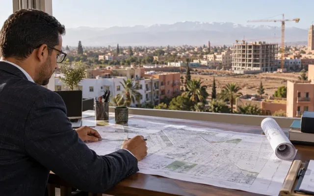 Illustration d’un professionnel étudiant un plan cadastral devant un chantier