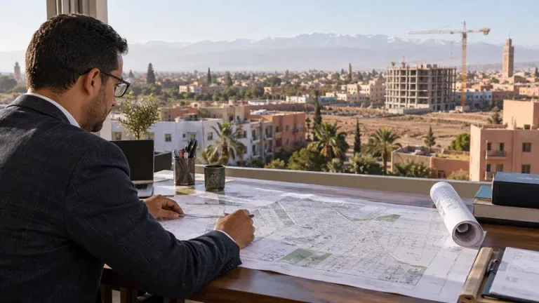 Illustration d’un professionnel étudiant un plan cadastral devant un chantier