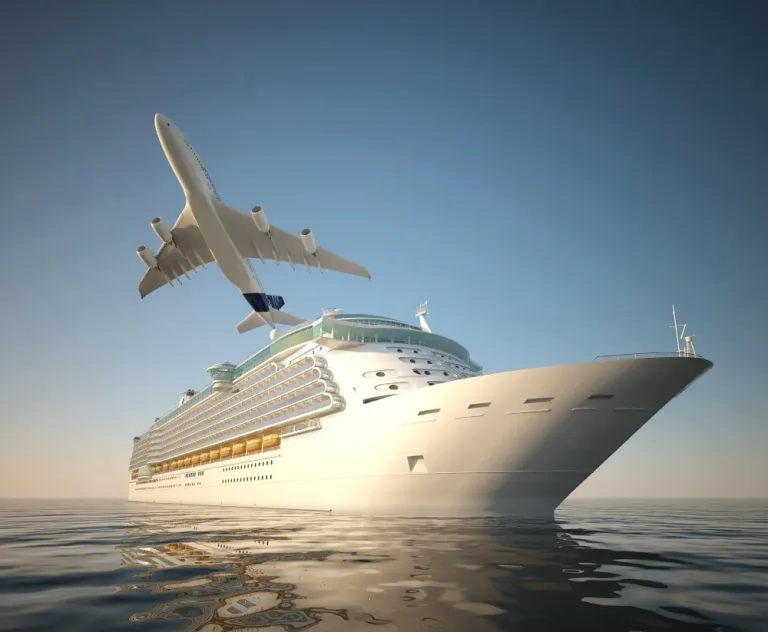 Illustration réunissant un avion, un bateau et des valises